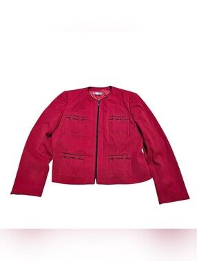 ​NICOLA Italy Womens Full Zip Jacket Red Crewneck 4-Pocket Trim Textured Sz 12 L
